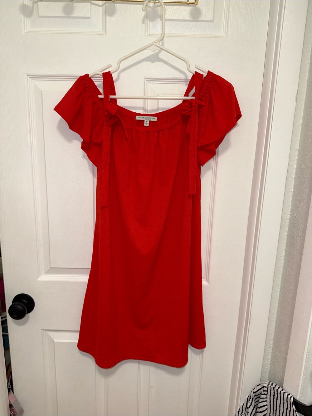 Green Envelope Red Off-Shoulder Tie-Shoulder Mini Dress